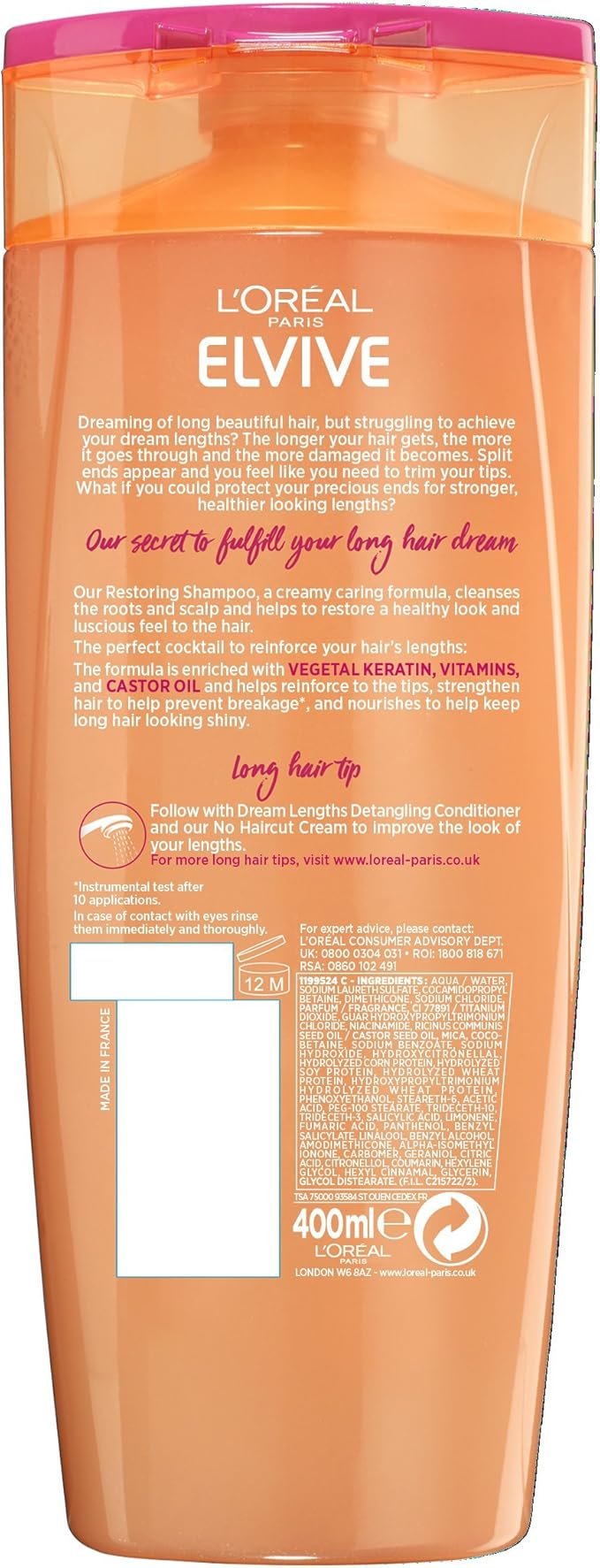 L'Oréal Paris Elvive Dream Lengths Long Hair Keratin Shampoo, 400 ml, Pack of 6