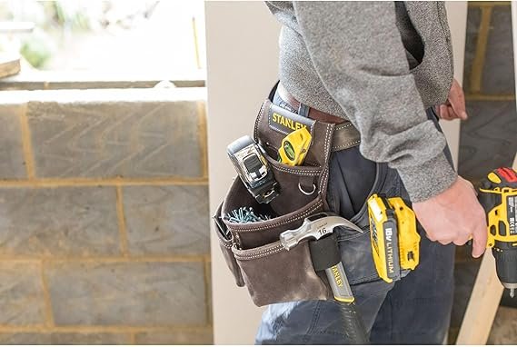 STANLEY Leather Tool Belt Pouch, Double Pocket Organiser for Tools and for Small Parts, STST1-80116