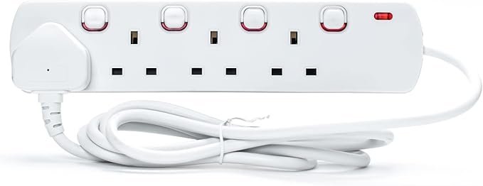 STATUS Multi Plug Extension White 2m Extension Lead | Individually Switched with Neon Indicator | 4 Socket Extension Cable