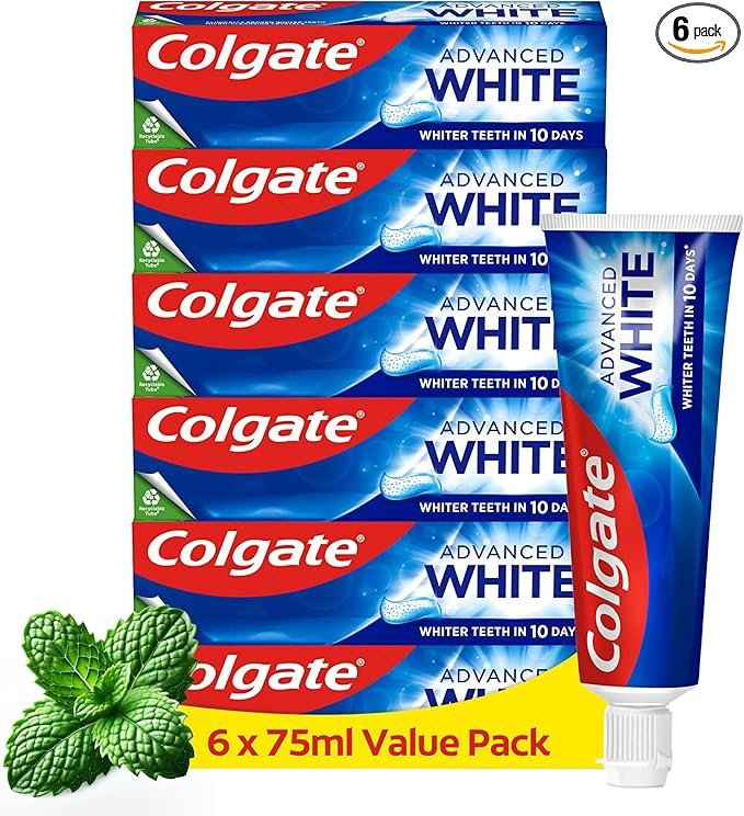 Colgate Advanced White Toothpaste, 6 x 75 ml | Whiter teeth in 10 Days | Clinically proven whitening