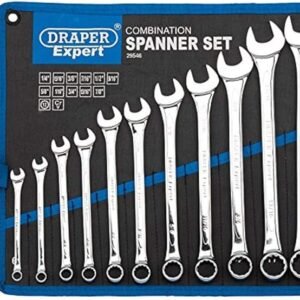 Draper Expert HI-TORQ® 1/4" to 7/8" Combination Spanner Set | 11 Piece Chrome Vanadium Steel Hand Tools | Imperial Manual Plated Tools | 29546