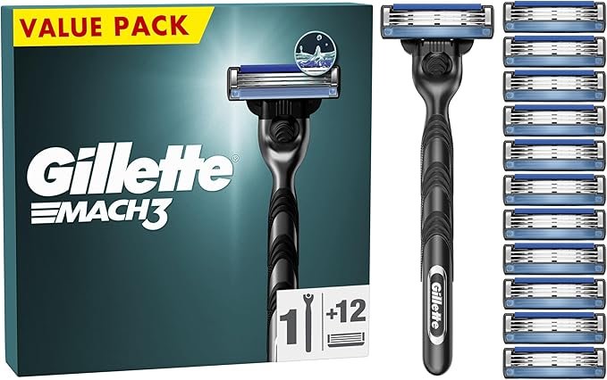 Gillette Mach3 Men's Razor + 12 Razor Blade Refills, 3 Blades for a Smooth Shave