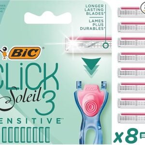 Bic Click 3 Soleil Sensitive Women's Razor Refills, 3 Moveable Blades and Lubricating Strip - Box of 8 Cartridges, Blue