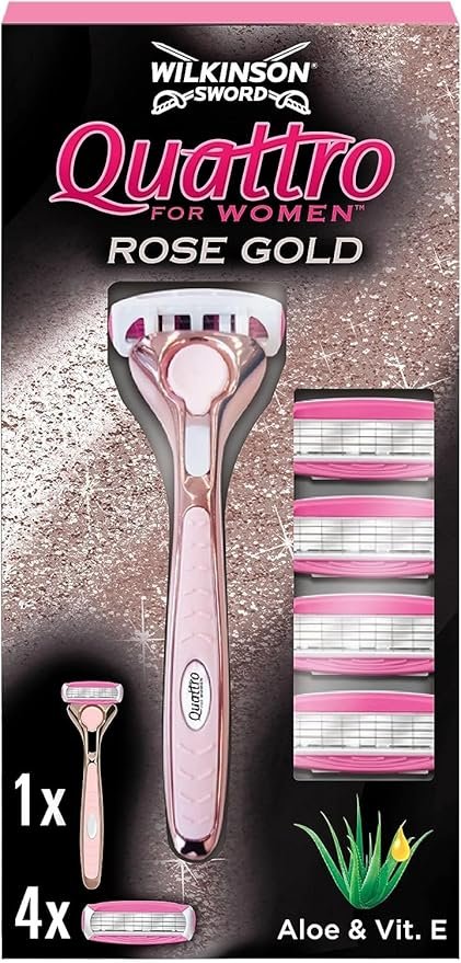 WILKINSON SWORD - Quattro For Women | Premium Metal Rose Gold | Razor Handle + 5 Blade Refills