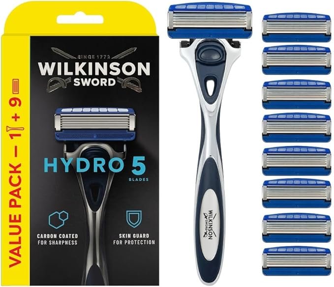 WILKINSON SWORD - Hydro 5 Razor For Men, Carbon Coated Blades, Hydrating Gel & Precision Trimmer, Razor + 8 Razor Blades