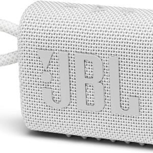 JBL GO 3 - Wireless Bluetooth portable speaker with integrated loop for travel with USB C charging cable, in white