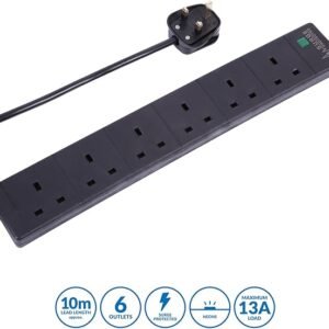 pro elec 6 Gang 10 m Extension Lead Surge Protector - Black