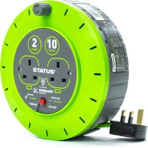 STATUS 2 Socket Cable Reel 10m Green Extension Lead 13A with Thermal Cut Out Heavy Duty Outdoor Extension Lead S13A10MCR3