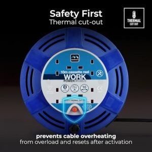 Masterplug MCT1010/4BL Four Socket 10A Cassette Cable Reel with Thermal Cut-Out, 10 Metres, Blue