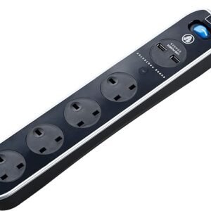 Masterplug Four Socket Switched Inline Power Surge Protected Extension Lead with Two USB Charging Ports, 2 Metres, Gloss Black