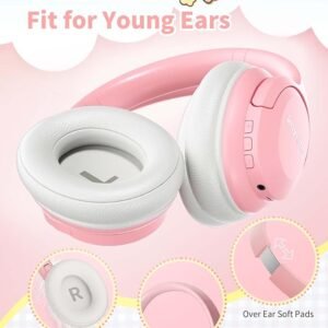 HEYSONG Bluetooth Headphones for Kids, Foldable Wireless Over-Ear Bluetooth 5.3, Built-in Microphone - Pink