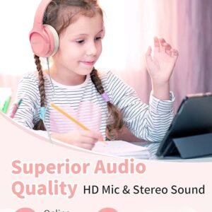 HEYSONG Bluetooth Headphones for Kids, Foldable Wireless Over-Ear Bluetooth 5.3, Built-in Microphone - Pink