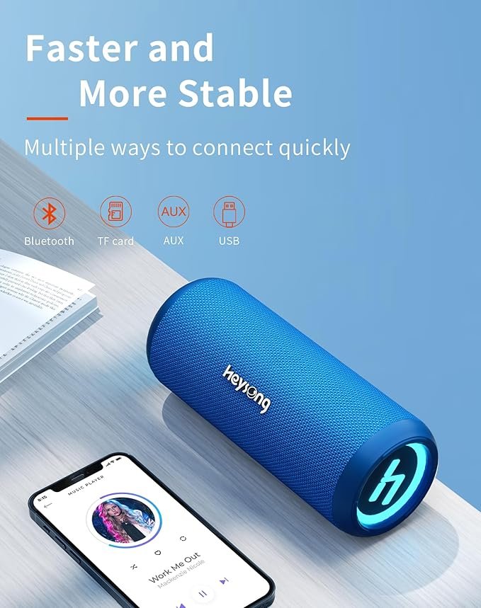 HEYSONG Bluetooth Speaker, Portable Wireless Waterproof Speakers with Led FOR Shower, Bike, Kayak, Beach, Blue