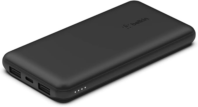 Belkin 10000mAh portable power bank, 10K USB-C portable charger with 1 USB-C port and 2 USB-A ports, battery pack for up to 15W charging for iPhone, Samsung Galaxy, AirPods, iPad, and more - Black