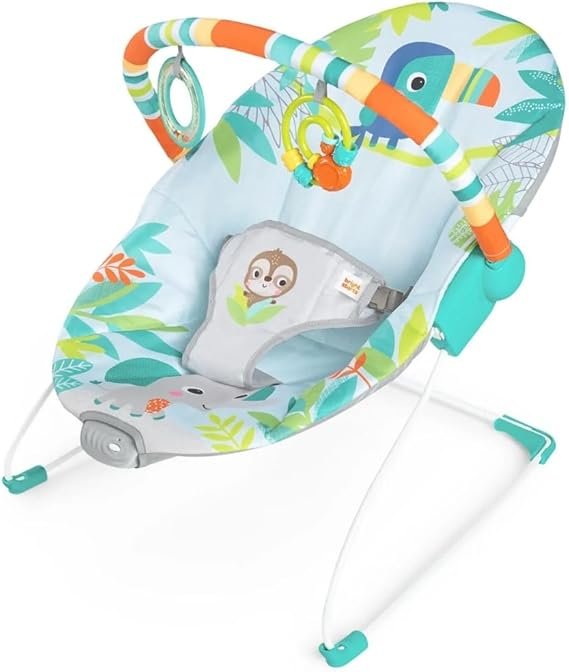 Bright Starts Baby Bouncer Soothing Vibrations Infant Seat - Removable Toy Bar, Nonslip Feet, 0-6 Months Up to 20 lbs (Rainforest Vibes)