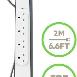 Belkin Extension Lead with USB Slots x 2 (2.4 A Shared), 4 Way/4 Plug Extension, 2m Surge Protected Power Strip - White