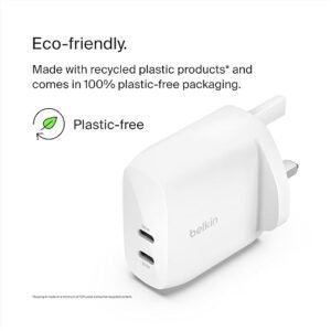 Belkin BoostCharge dual USB-C plug with PPS, 60W phone charger for iPhone 16 and other, iPad, Samsung Galaxy, Google Pixel, MacBook - compatible w/ USB-C to lightning cable & USB-C to USB-C - white
