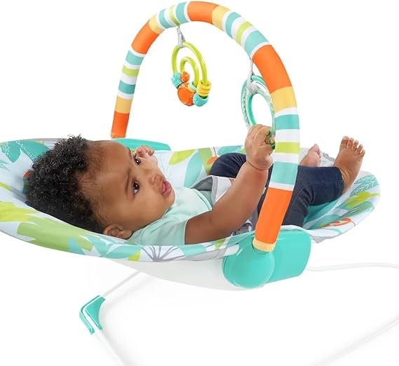 Bright Starts Baby Bouncer Soothing Vibrations Infant Seat - Removable Toy Bar, Nonslip Feet, 0-6 Months Up to 20 lbs (Rainforest Vibes)