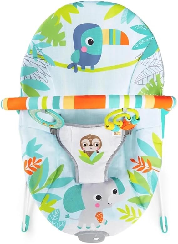 Bright Starts Baby Bouncer Soothing Vibrations Infant Seat - Removable Toy Bar, Nonslip Feet, 0-6 Months Up to 20 lbs (Rainforest Vibes)