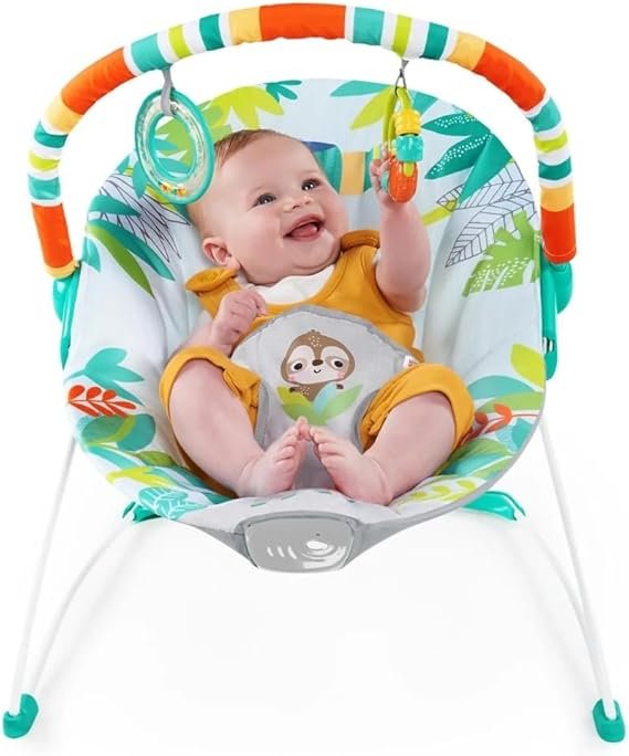 Bright Starts Baby Bouncer Soothing Vibrations Infant Seat - Removable Toy Bar, Nonslip Feet, 0-6 Months Up to 20 lbs (Rainforest Vibes)