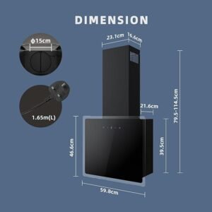 FIREGAS 60cm Cooker Hood with Brushless Motor, Tempered Glass & Stainless Steel Extractor Hood with Touch Screen, LED Lights and Recirculating,Black