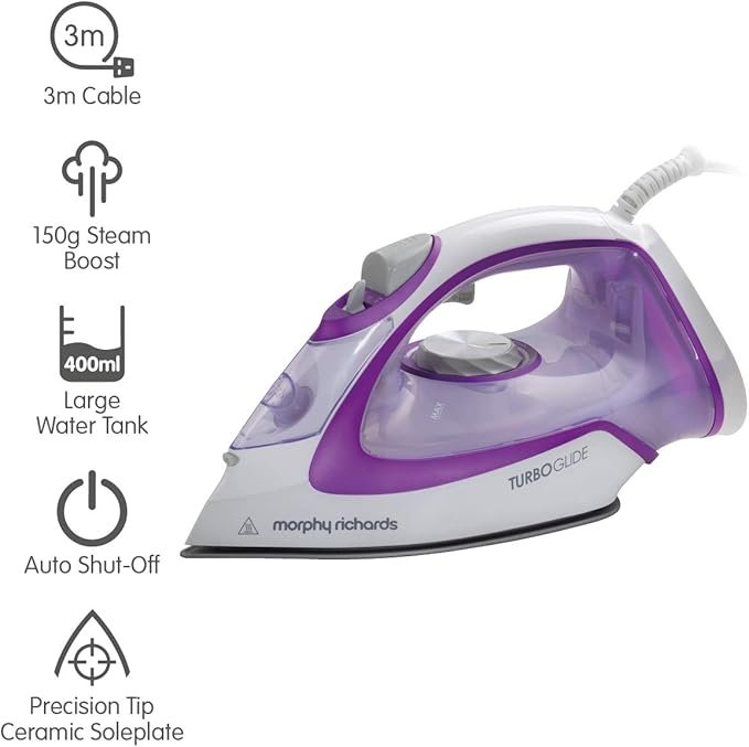 Morphy Richards TurboGlide Steam Iron, Ceramic Non-stick Soleplate, 150g Steam Boost, 40g Steam Output, 400ml Water Tank, Anti Drip, Anti Scale, Auto Shut-off, 3m Cord, 2800W, Purple, 302000