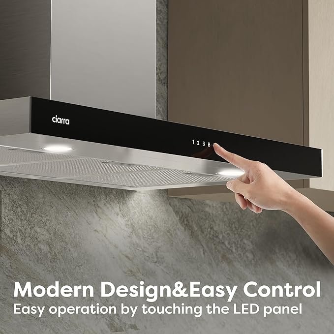 Ciarra CBCS9102 90cm Cooker Hood Wall Mount Chimney Hood Recirculating&Ducting 650 m³/h with 4 Speed WIFI APP Touch Control Kitchen Extractor Fan with CBCF003 Carbon Filters