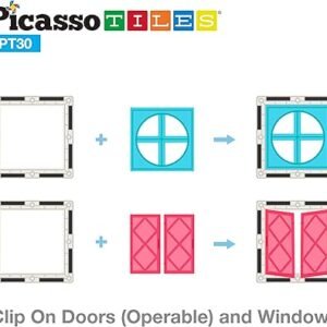 PicassoTiles 30 Piece Window and Door Clip On Magnetic Blocks Magnet Tiles Magnets Building Tile Construction Toy Set STEM Education Toys Learning Kit Stacking Block Playset Boys & Girls Age 3+ PT30