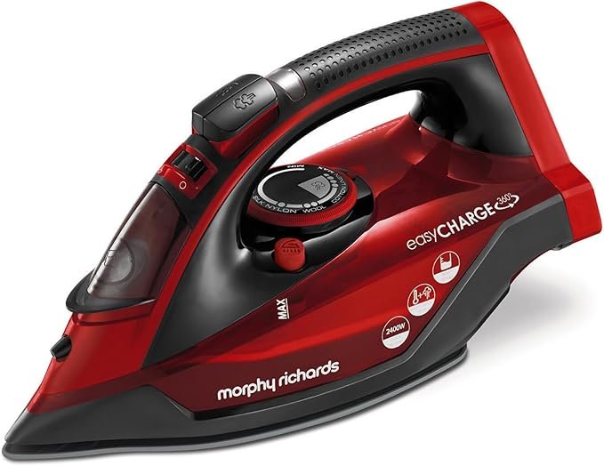 Morphy Richards EasyCHARGE Cordless Steam Iron, Ceramic Non-stick Soleplate, 130g Steam Boost, 30g Steam Output, 350ml Water Tank, Anti Drip, Anti Scale, Auto Shut-off, 2.5m Cord, 2400W, Red, 303250