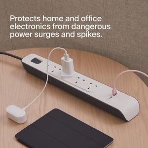 Belkin Extension Lead with USB Slots x 2 (2.4 A Shared), 4 Way/4 Plug Extension, 2m Surge Protected Power Strip - White
