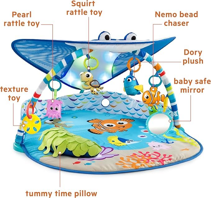 Bright Starts, Disney Baby, Finding Nemo Ocean Lights Baby Activity Gym and Play Mat with Detachable Toys
