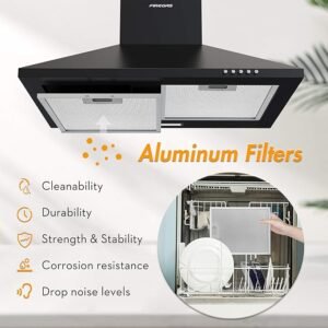 FIREGAS Black Chimney Cooker Hood 60cm with Carbon Filters Stainless Steel Wall Mounted Extractor Hood Recirculating & Ducting Extractor Fan Black Cooker Hood