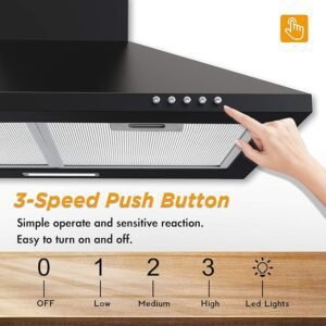 FIREGAS Black Chimney Cooker Hood 60cm with Carbon Filters Stainless Steel Wall Mounted Extractor Hood Recirculating & Ducting Extractor Fan Black Cooker Hood