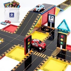 hahaland 62 PCS Magnetic Tiles Road Toppers Set for Kids Ages 3-5, Magnetic Building Blocks with Cars Toys for 3 Year Old Boys and Girls