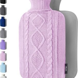 Hot Water Bottle with Cover - Premium Soft Knitted Cover - 1.8l Large Capacity - Hot Water Bag for Pain Relief, Neck and Shoulders, Back & Cosy Nights - Great Gift for Women (Purple)