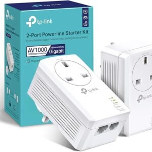 TP-Link TL-PA7027P KIT AV1000 2-Port Gigabit Passthrough Powerline Starter Kit, Data Transfer Speed Up to 1000 Mbps, Ideal for HD/3D/4K Video Streaming, Online Gaming, No Configuration Required, White