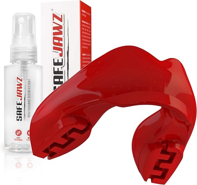 SAFEJAWZ Sports Braces Mouthguard/Gum Shield and Cleaner Spray Bundle for Contact Sports Rugby Boxing Martial Arts (Red)
