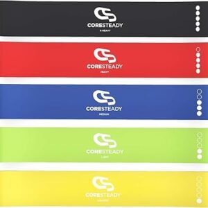 Coresteady Resistance Bands Set of 5 - Mini Fitness & Loop Exercise Band for Men & Women - Yoga, Body & Gym Sport Resistance Loop Bands for Strength, Muscle & Tone - With E-Guide & Travel Bag