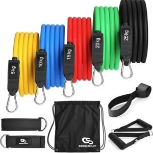 Coresteady Tube Resistance Bands with Handle Set of 5 | Adjustable Ankle Straps & Door Anchor - Men & Women Anti-Snap Fitness Bands - Gym Strength Workout System & Home Exercise