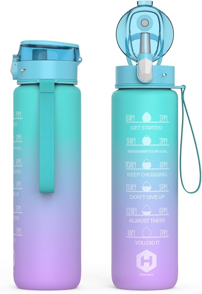 HOMEEX 1L (32oz) Motivational Water Bottle, BPA-free Sports Water Bottle with Time Marker - Quotes - One-Click Technology Ideal for Jogging, Hiking, Office, School, Adults, Children (Blue & Purple)