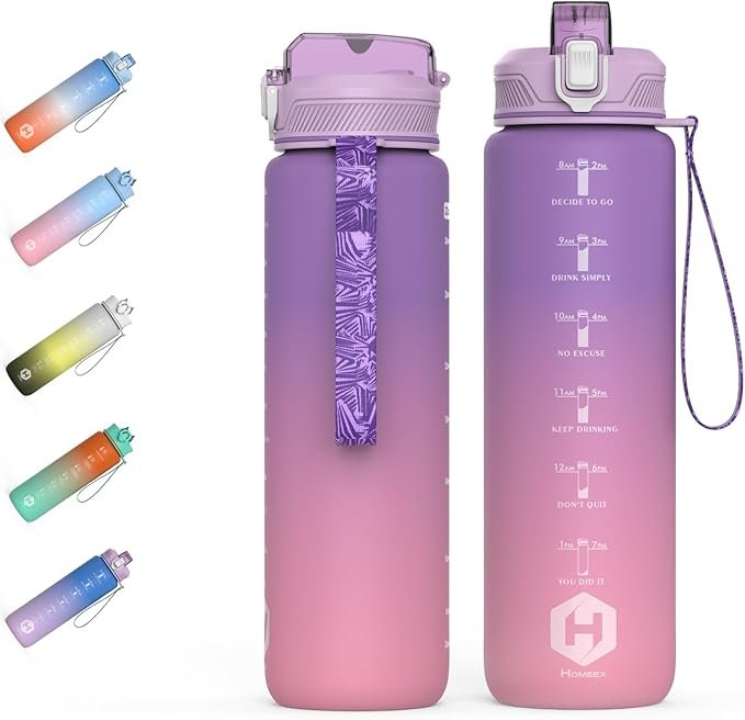 HOMEEX 1L (32oz) Motivational Water Bottle, BPA-free Sports Water Bottle with Time Marker - Quotes - One-Click Technology Ideal for Jogging, Hiking, Office, School, Adults, Children (Purple & Pink)