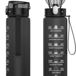 HOMEEX 1L (32oz) Motivational Water Bottle, BPA-free Sports Water Bottle with Time Marker - Quotes - One-Click Technology Ideal for Jogging, Hiking, Office, School, Adults, Children (Black)
