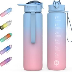 HOMEEX Motivational Fitness Sport Water Bottles with Straw & Time Maker, BPA-free Plastic Drink Bottle 1l Design for Girls, Boy Running,cycling (Blue & Pink, 1000ML-32OZ)