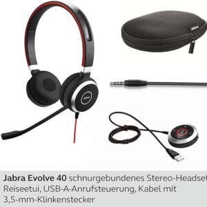 Jabra Evolve 40 MS Stereo Headset – Microsoft Certified Headphones for VoIP Softphone with Passive Noise Cancellation – USB-Cable with Controller – Black