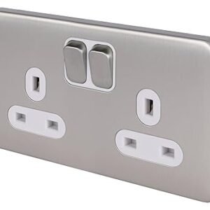 Schneider Electric Lisse Screwless Deco - Switched Double Power Socket, 13A, GGBL3020WSS, Stainless Steel with White Insert