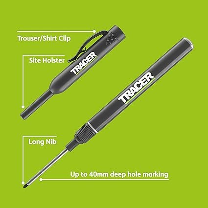 Tracer Long Nib Marker Pens, Marker Pens for Deep Hole Marking with Holster and Built in Trouser/Shirt Clip. Pack of 2
