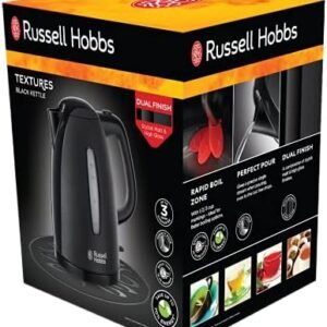 Russell Hobbs Textures Electric 1.7L Cordless Kettle (Fast Boil 3KW, Black premium plastic, matt & high gloss finish, Removable washable anti-scale filter, Push to open lid, Perfect pour spout) 21271