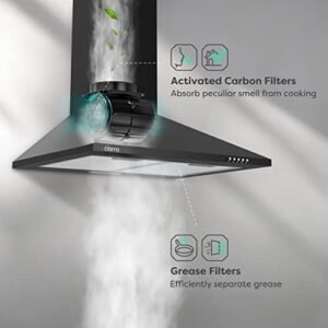 CIARRA Cooker Hood 60cm CBCB6201 600mm Kitchen Extractor Hood with Carbon Filters Recirculating&Ducting Wall Mounted Cooker Extractor Fan Black