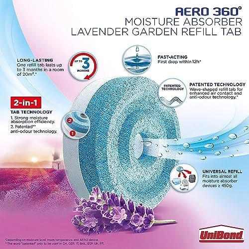 UniBond AERO 360° Moisture Absorber Lavender Garden Refill Tab, aromatherapy, ultra-absorbent and odour-neutralising, for AERO 360° Dehumidifier, Condensation Absorbers, Twin Pack (2 x 450g)
