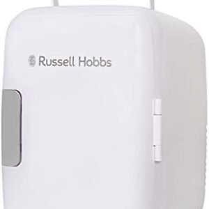Russell Hobbs Mini Fridge RH4CLR1001 4L/6 Can Portable Mini Cooler & Warmer for Drinks, Cosmetics/Makeup/Skincare, AC/DC Power, Retro Style, White, For Bedroom, Home, Caravan, Car
